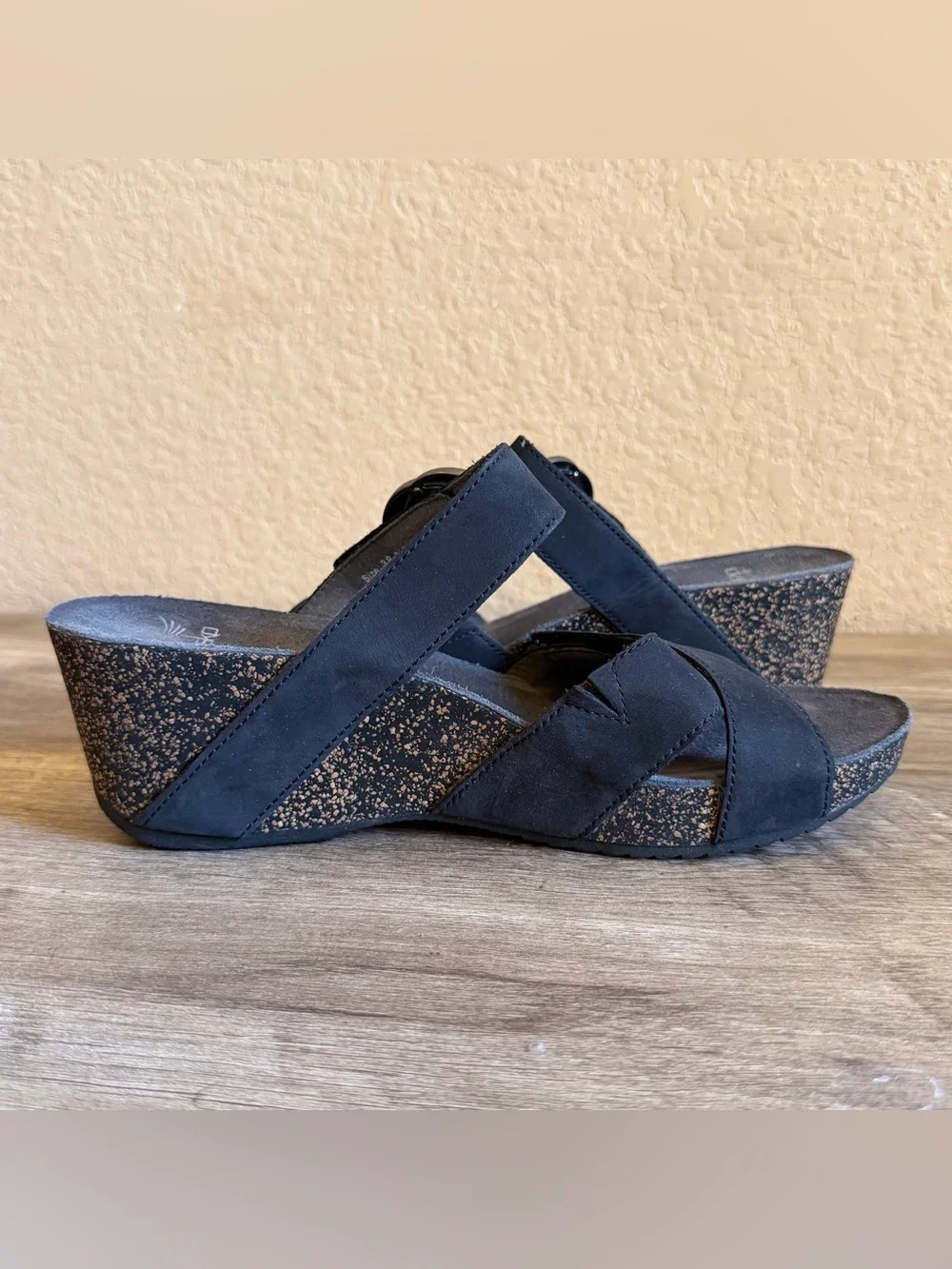 Dansko Susie slide sandals black milled nubuck leather decorative buckle